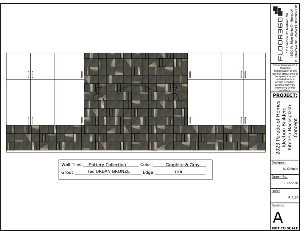 CAD drawing of a counter to ceiling art pottery style backsplash