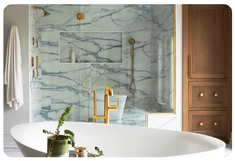 white marble shower dark veining glass enclosure