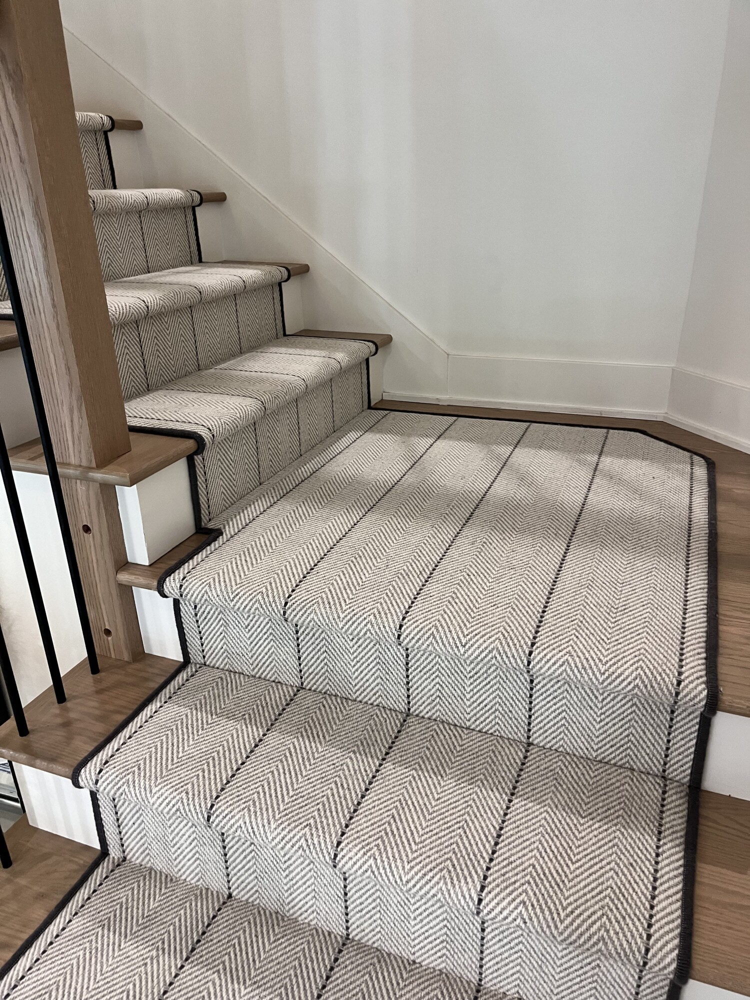 grey and black herringbone wool custom carpet stair runner
