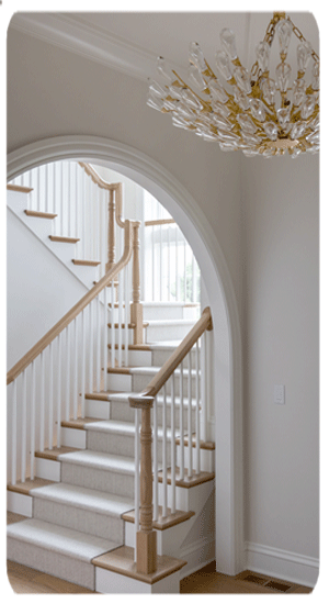 carpet stair runner with grey and ivory stripes on stair way with wood steps and white risers