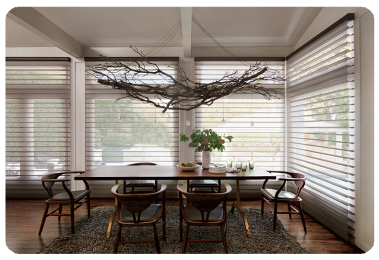 dining room with hunter douglas blinds table with six chairs shag area rug underneath
