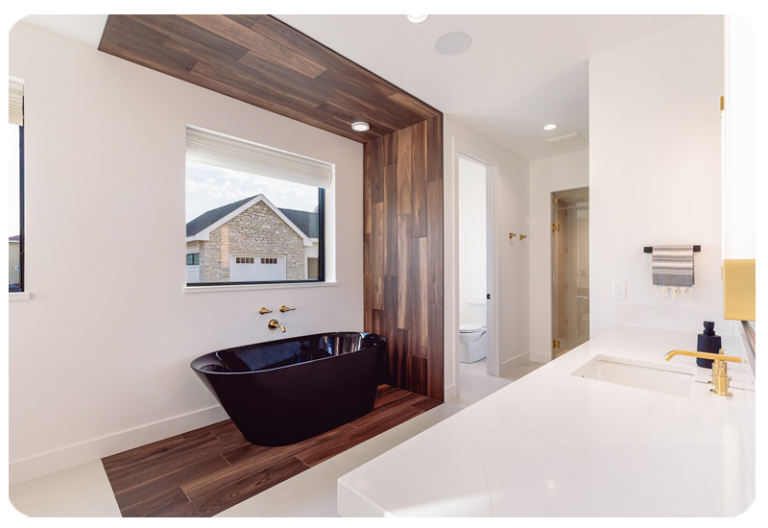 organic modern style bathroom with wood look tile floor ceiling accent
