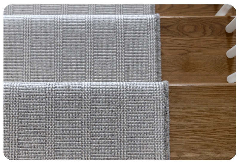 wool carpet stair runner with misty blue and ivory stripes and matching serged border