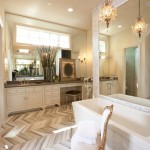 chevron tile marble bathroom luxury glamorous white grey silver tub mirror vanity