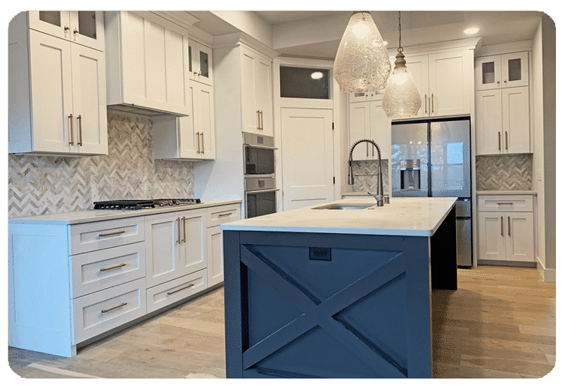 herringbone stone tile kitchen backsplash