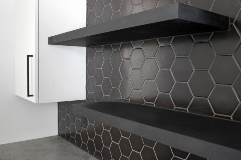 hexagon tile black lower kitchen backsplash