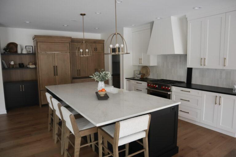 white backsplash hardwood floor kitchen