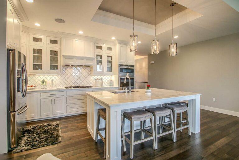 modern farmhouse kitchen hardwood floor white tile