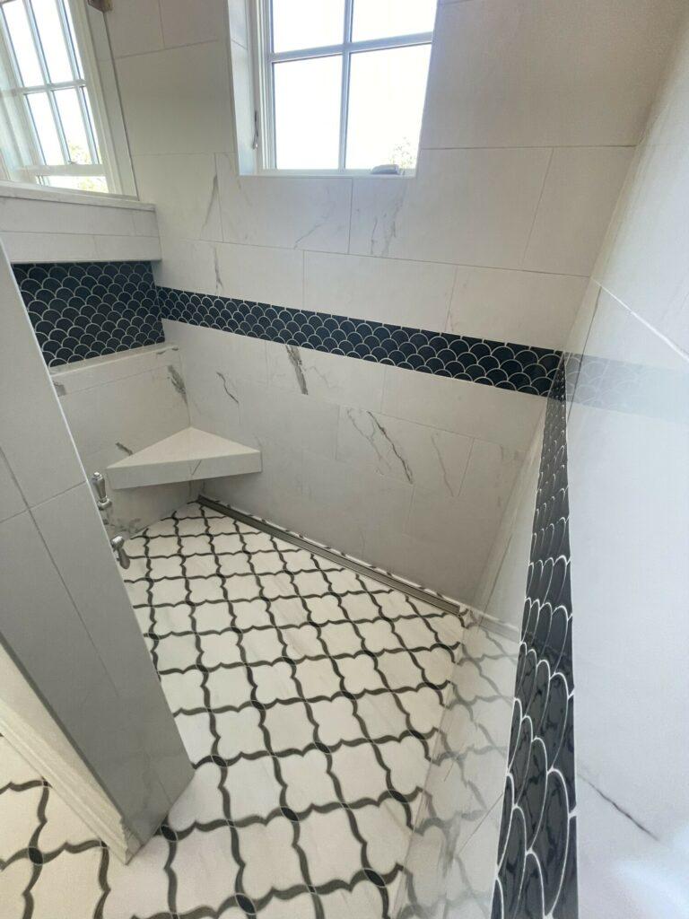 walk in shower marble wall and floor