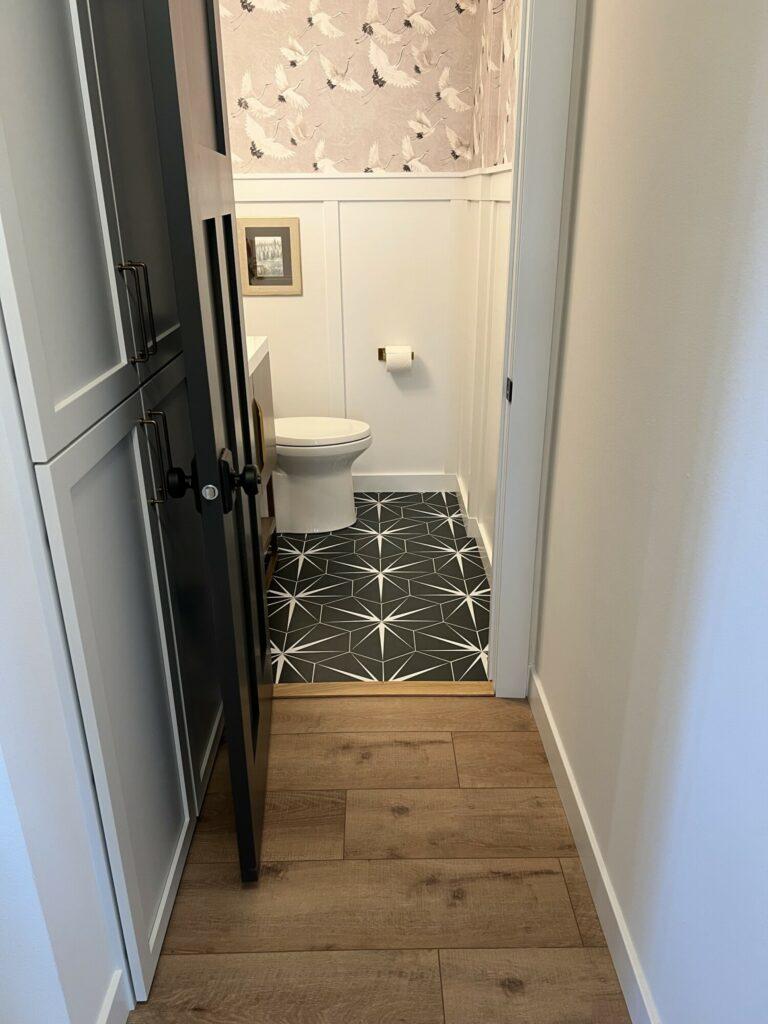 powder room black and white floor tile