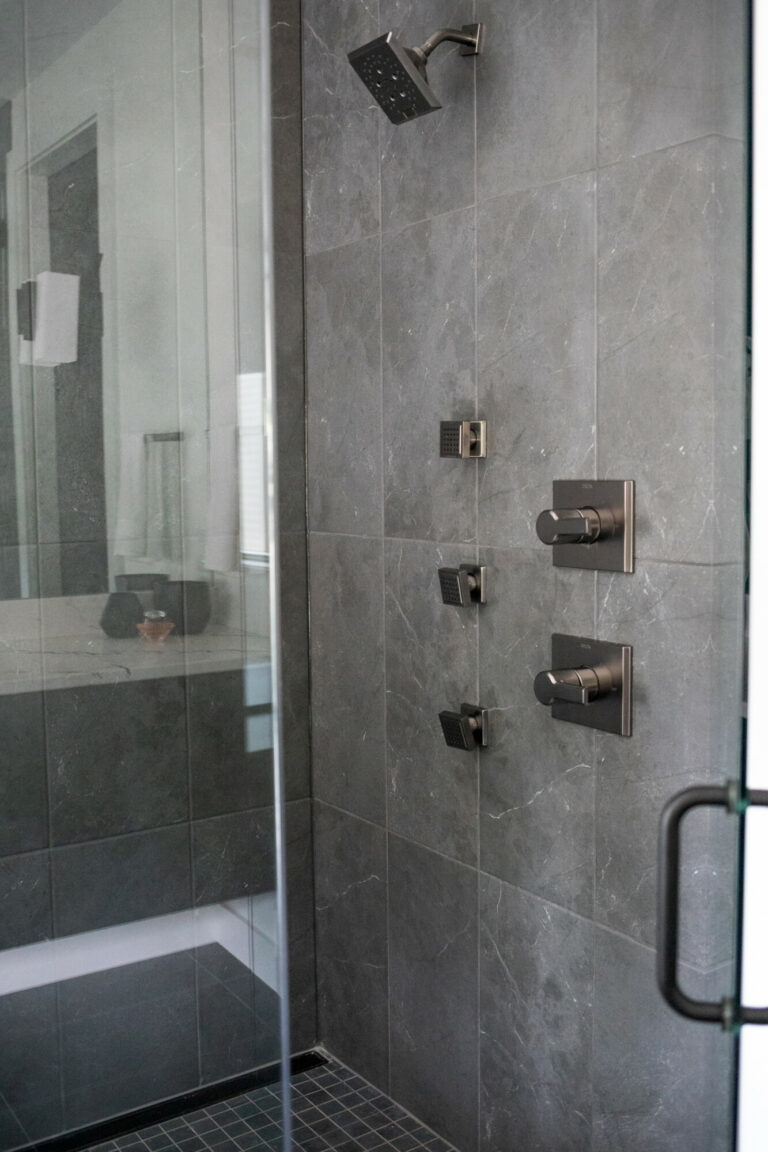 charcoal grey tile walk in shower