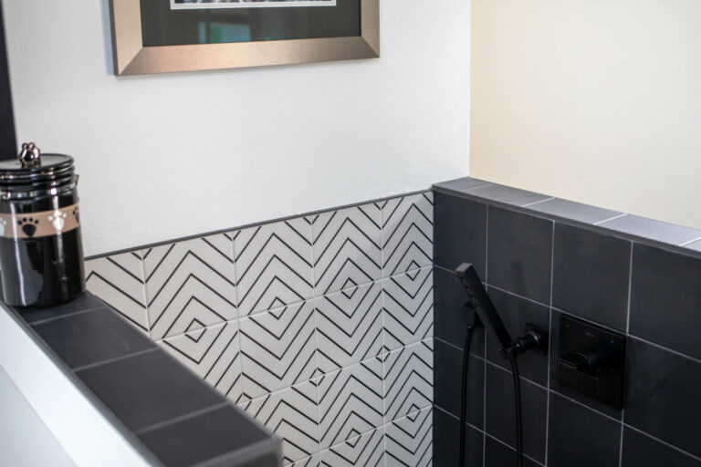 black and white tile dog shower