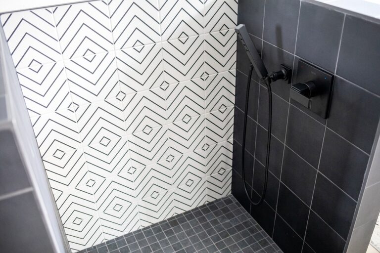 black and white tile dog shower