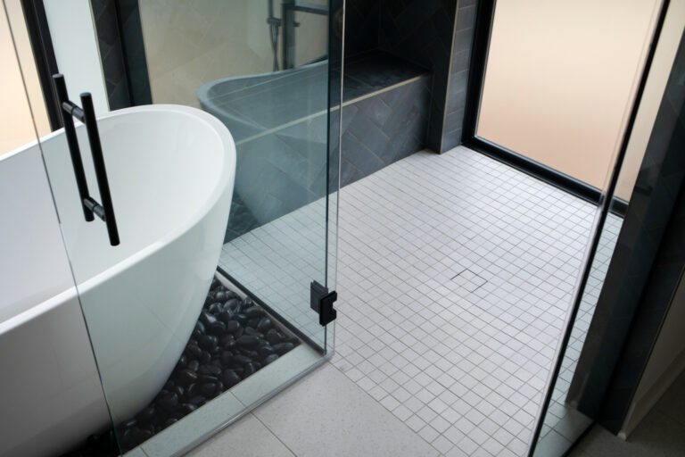 white tile floor walk in shower