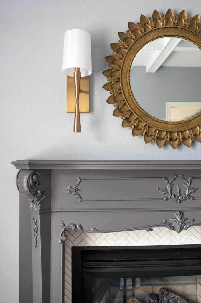 grey fireplace mantel cream tile surround