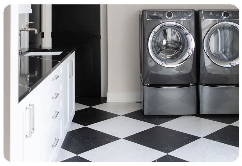 tile-black and white tile floor laundry room