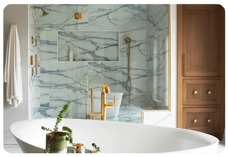 white marble shower dark veining glass enclosure