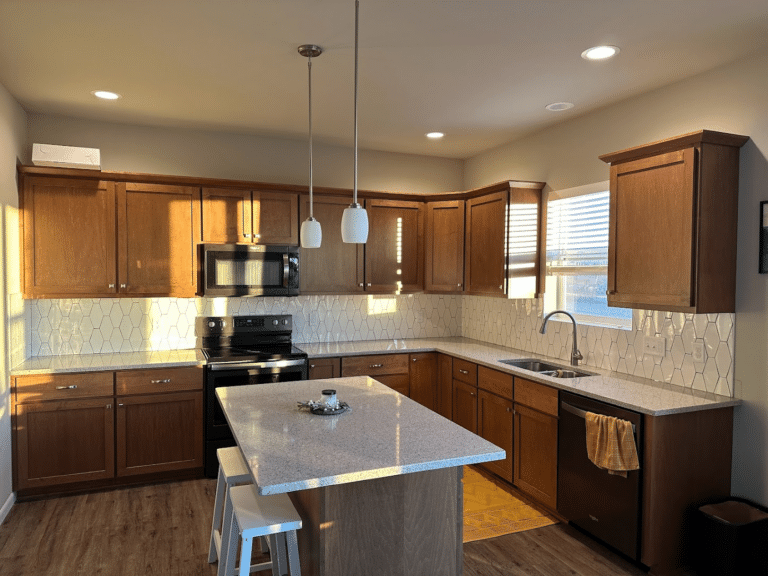 white tile kitchen backsplash