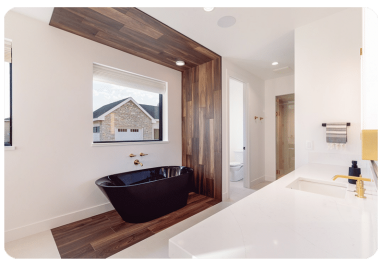 organic modern style bathroom with wood look tile floor ceiling accent