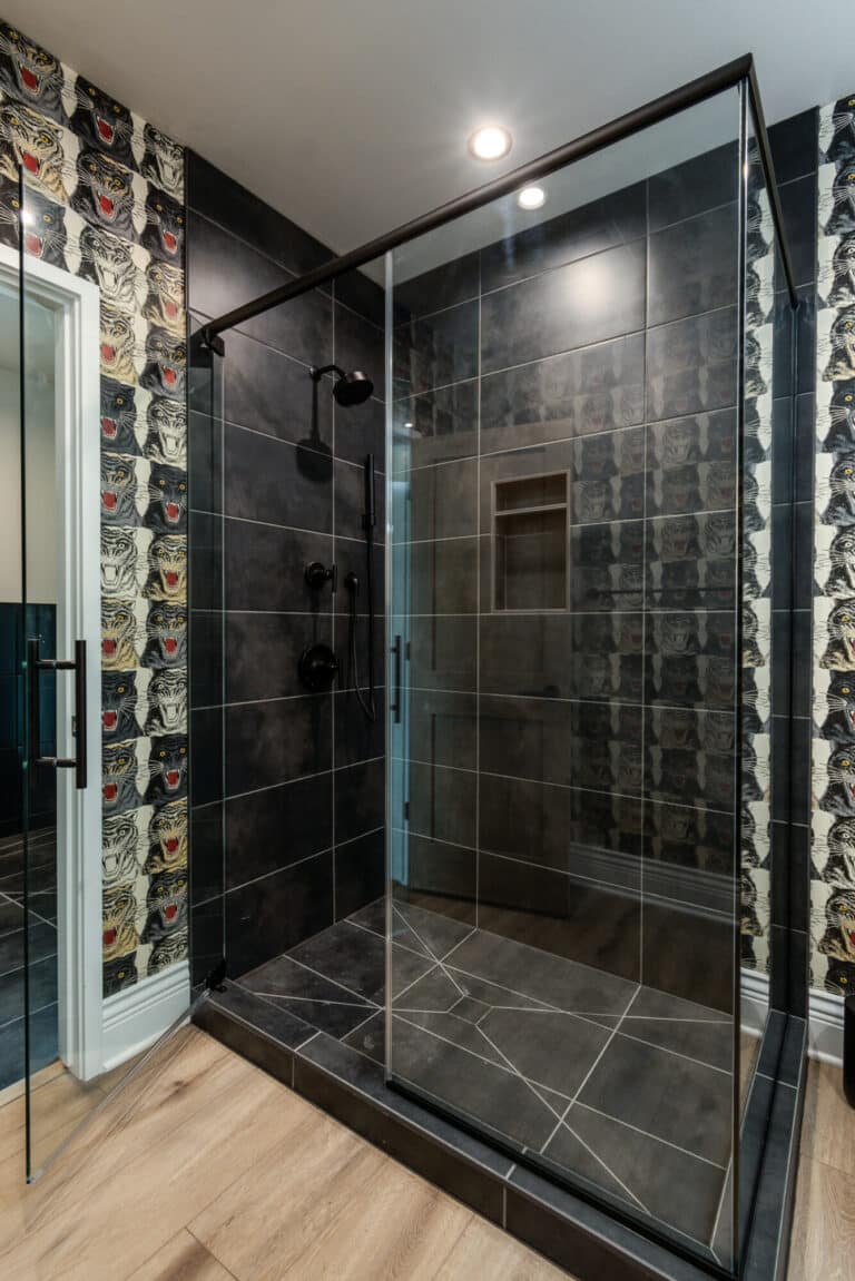 charcoal grey shower tile wall walk in shower