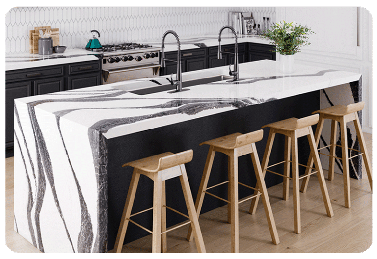 quartz countertop on kitchen island black and white marble
