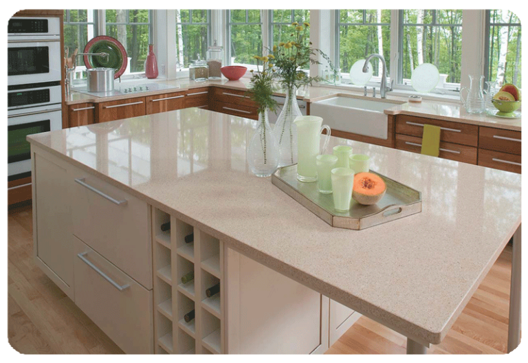 beige quartz countertop on kitchen island