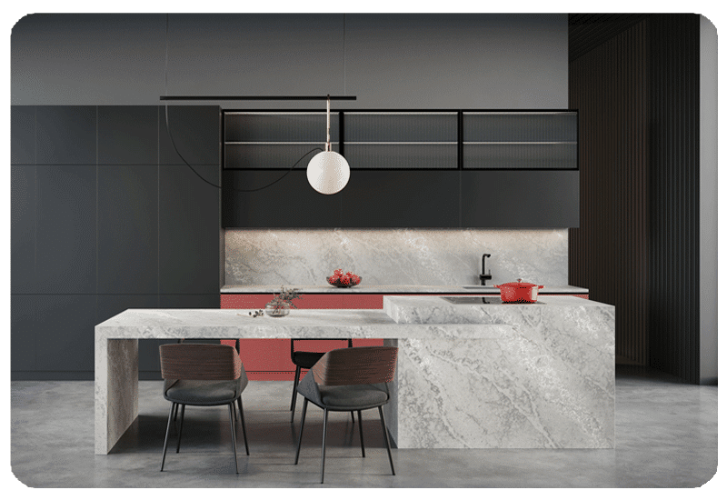 quartz countertop on island gray marble with matching quartz slab backsplash