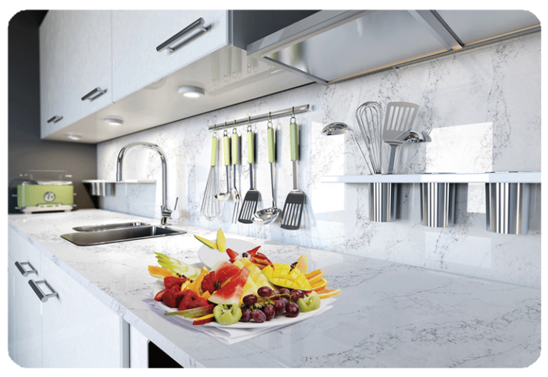 grey marble design quartz kitchen countertop and slab backsplash