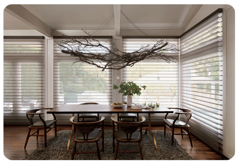 dining room with hunter douglas blinds table with six chairs shag area rug underneath