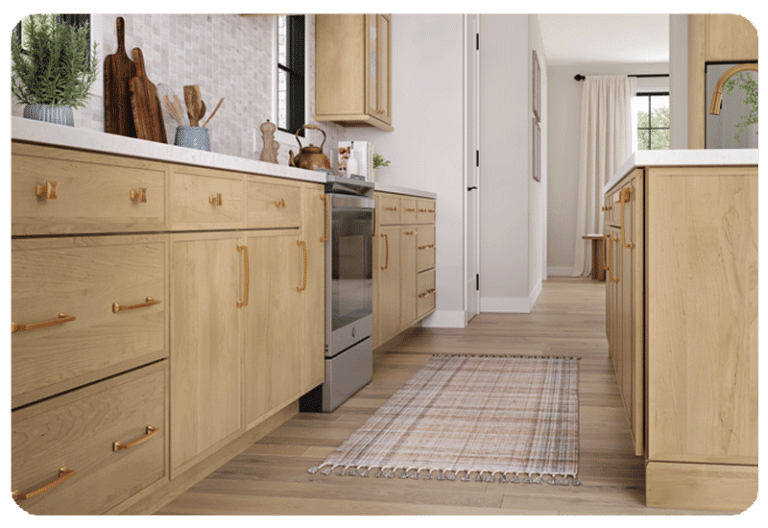 light wood color custom kitchen cabinets floor view with a carpet runner on the floor gold color cabinet pulls