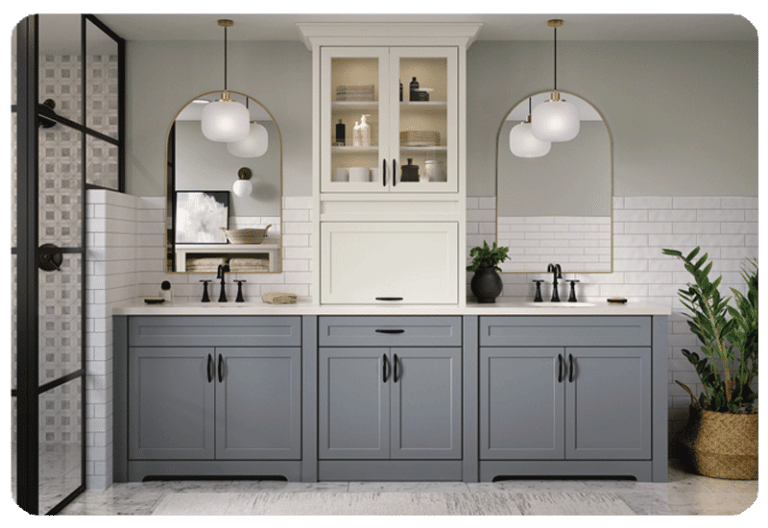 bathroom cabinets painted grey with black pull handles