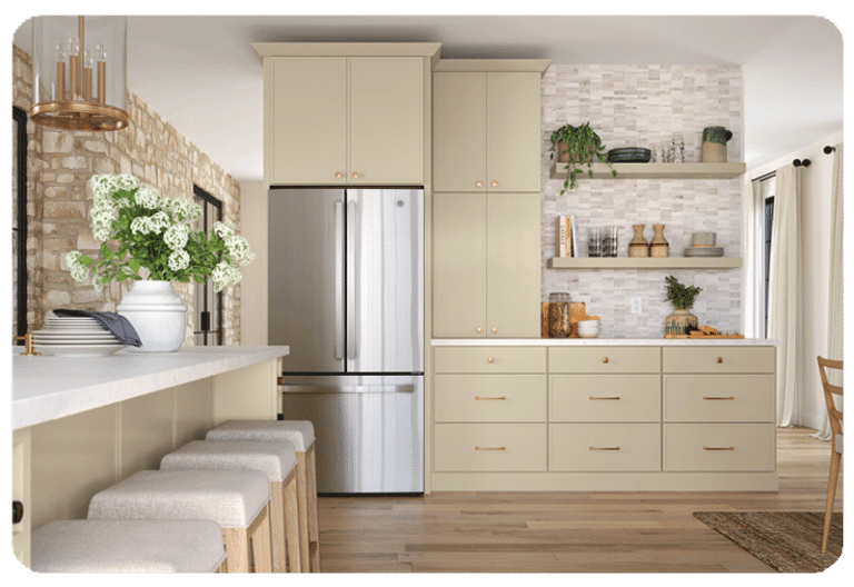 custom kitchen cabinets cream color up to the ceiling with wood flooring