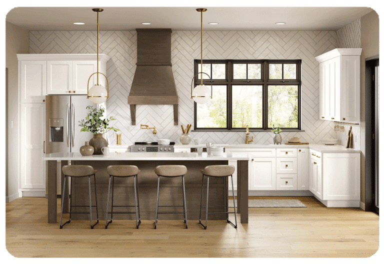 custom kitchen cabinets white painted with black pulls with counter to ceiling herringbone pattern white tile backsplash
