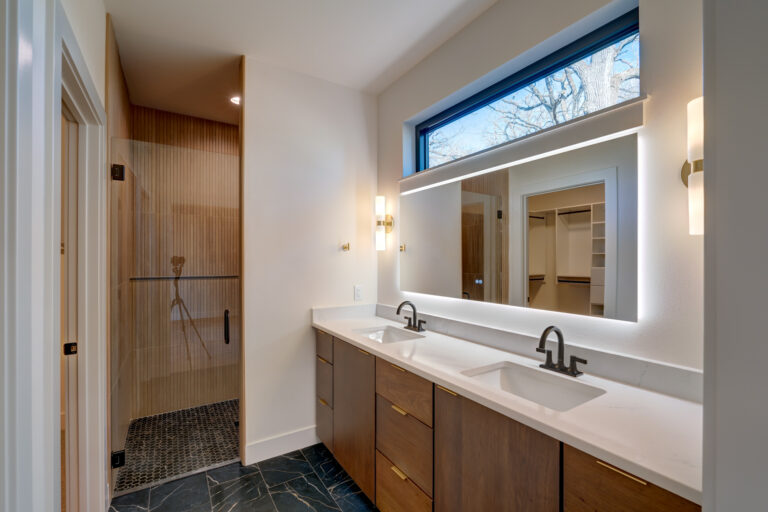 black marble tile floor wood slat tile walkin shower