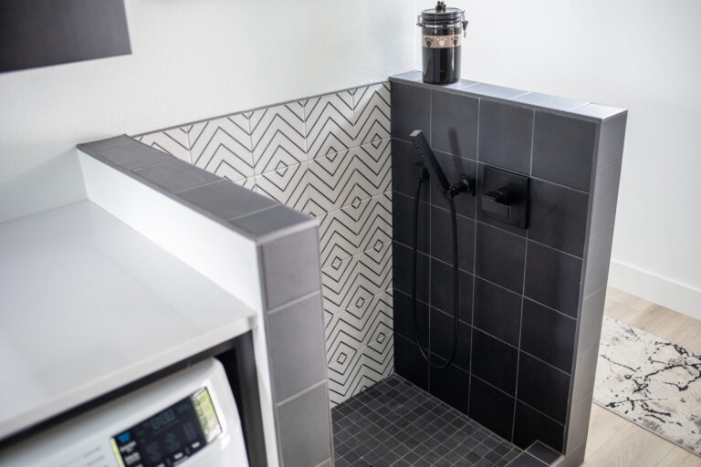 black and white tile dog shower