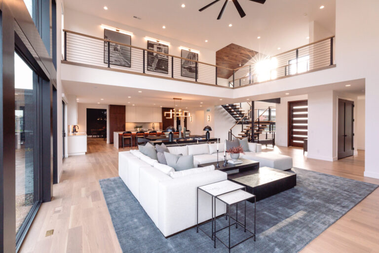 hardwood flooring in a two level living room with grey area rug and white couch