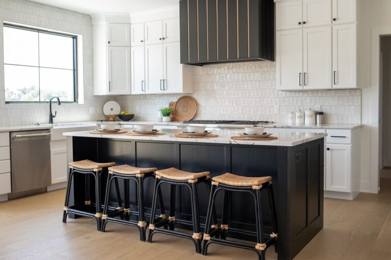 white oak hardwood kitchen floor with black island with four stools and white tile kitchen backsplash and white cabinets and black stove hood