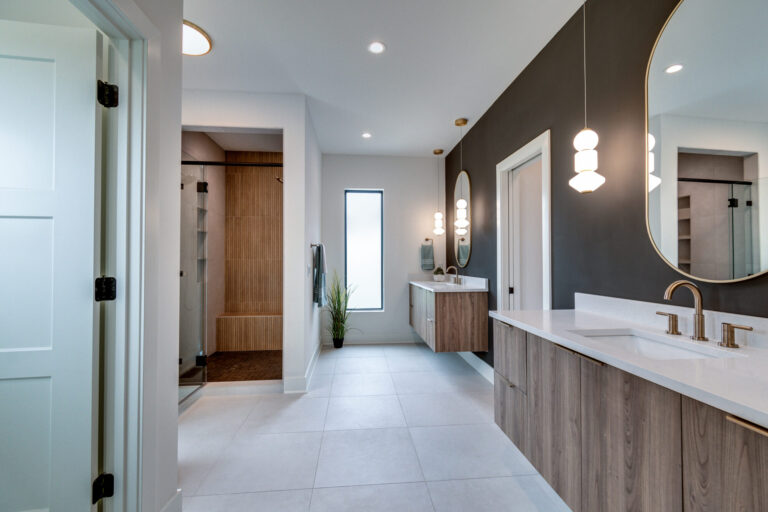 white tile floor wood floating vanity