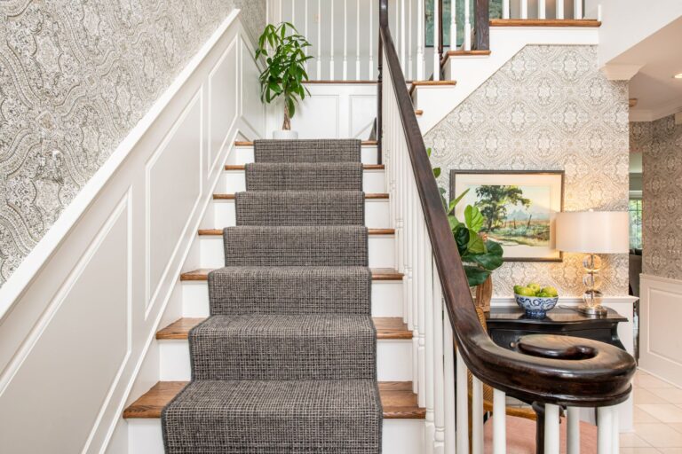 dark plaid stair runner white risers and hardwood steps