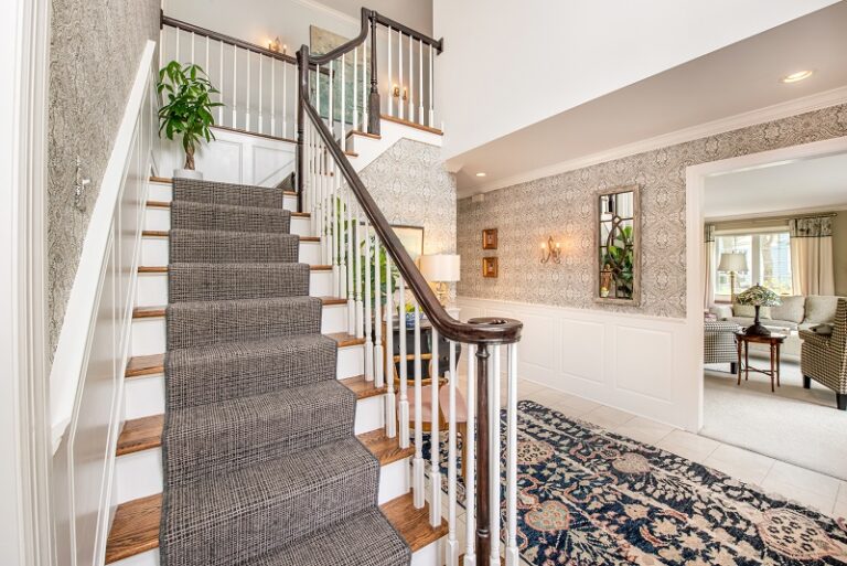 dark plaid carpet stair runner