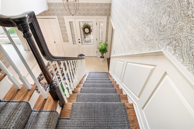 dark plaid carpet stair runner