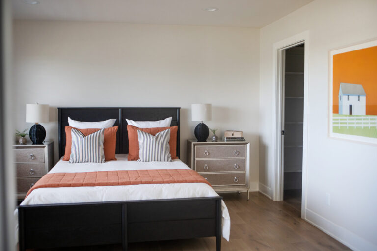 bedroom with queen size bed and white oak hardwood floor
