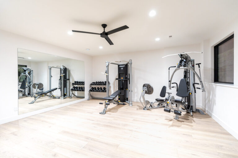 lower level fitness room with luxury vinyl plank wood look with equipment and ceiling fan