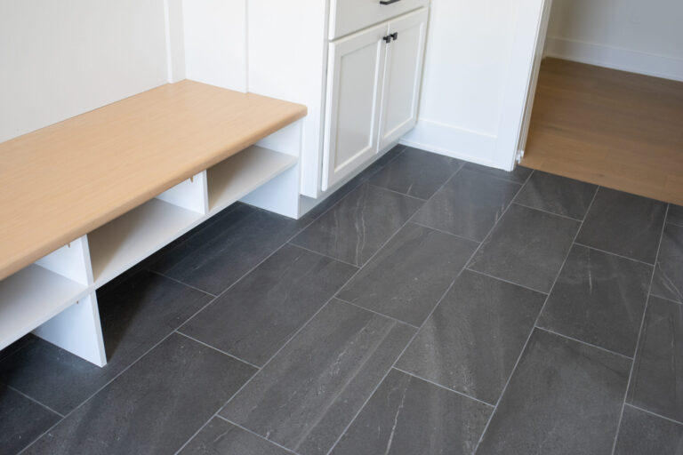slate grey marble pattern tile floor in mudroom