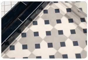 Basketweave tile in warm neutral tones in a Madison home, highlighting 2026 tile trends.