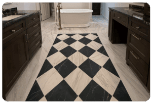 Inlay style tile in warm neutral tones in a Madison home, highlighting 2026 tile trends.