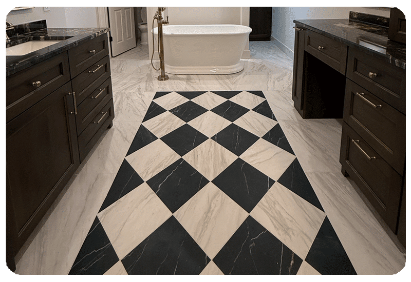 Inlay style tile in warm neutral tones in a Madison home, highlighting 2026 tile trends.