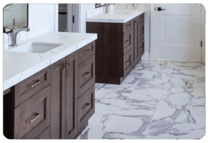 Marble floor tile in warm neutral tones in a Madison home, highlighting 2026 tile trends.