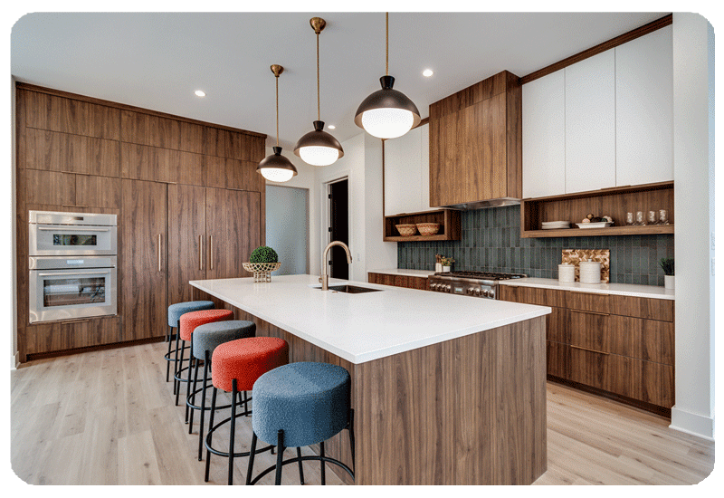 view of a home kitchen a wood and white island and wood cabinetry with luxury vinyl plank flooring and teal zellige tile backsplash above the stove