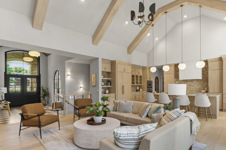 open concept living room and kitchen view with white oak hardwood floor